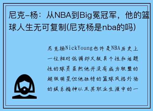 尼克-杨：从NBA到Big冕冠军，他的篮球人生无可复制(尼克杨是nba的吗)