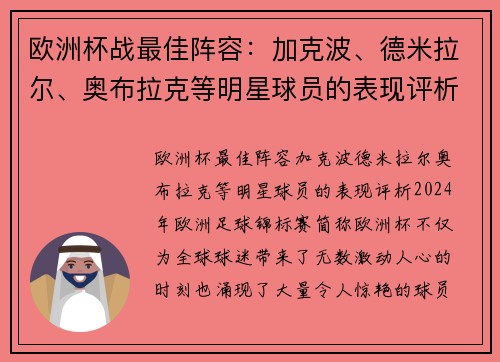 欧洲杯战最佳阵容：加克波、德米拉尔、奥布拉克等明星球员的表现评析