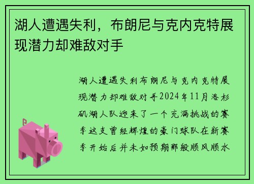 湖人遭遇失利，布朗尼与克内克特展现潜力却难敌对手