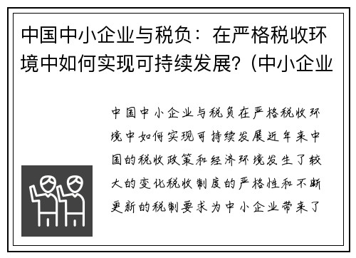 中国中小企业与税负：在严格税收环境中如何实现可持续发展？(中小企业税负情况分析)