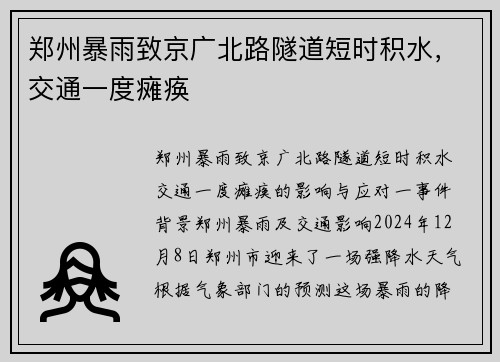 郑州暴雨致京广北路隧道短时积水,交通一度瘫痪