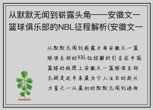 从默默无闻到崭露头角——安徽文一篮球俱乐部的NBL征程解析(安徽文一篮球队队员名单)