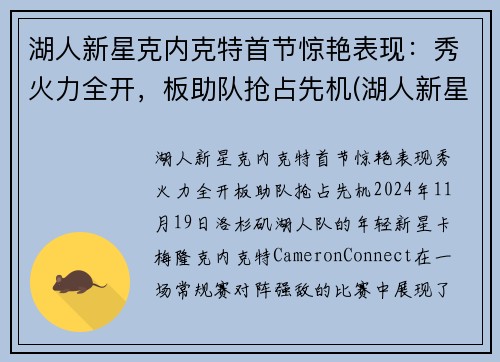 湖人新星克内克特首节惊艳表现：秀火力全开，板助队抢占先机(湖人新星塔克)