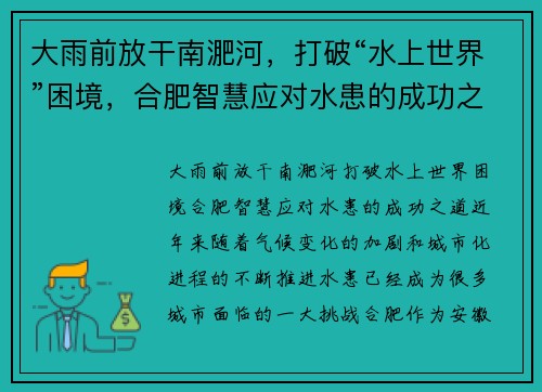 大雨前放干南淝河，打破“水上世界”困境，合肥智慧应对水患的成功之道
